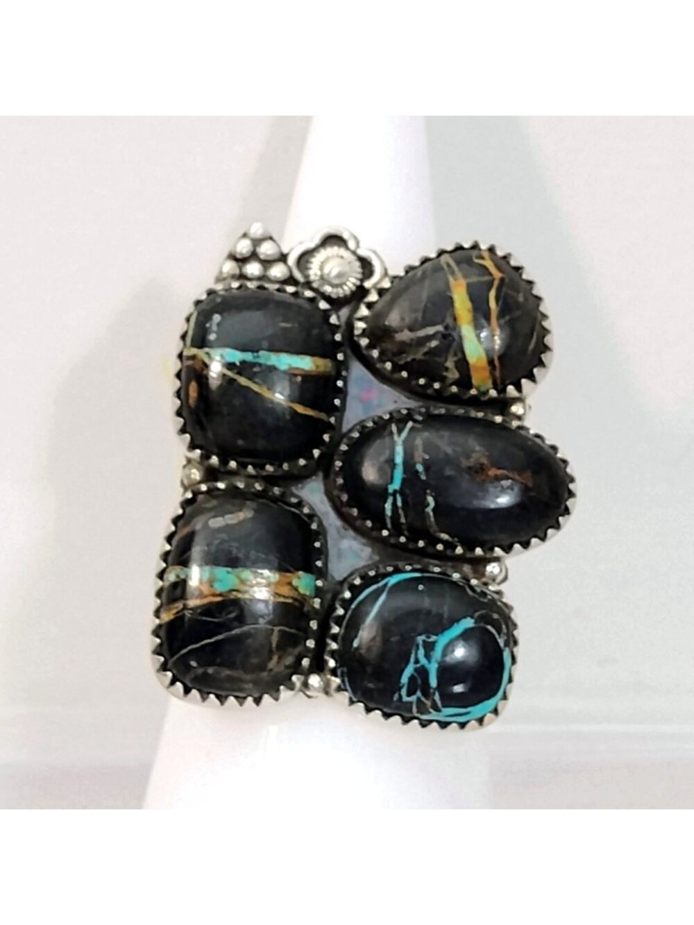 Sterling Silver Blackjack Turquoise 5-Stone Cluster Statement Ring Adjustable